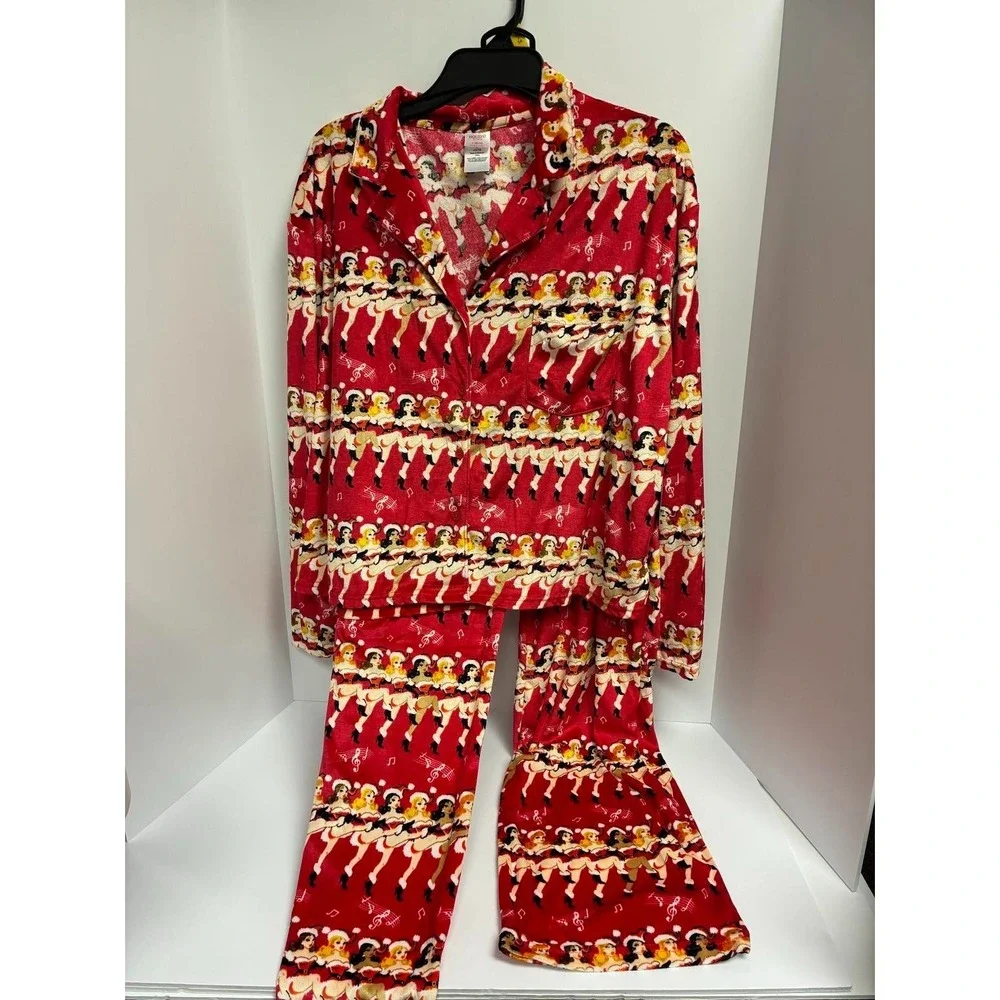 Holiday Time Pajamas Set Womens L Button Up Long Sleeve Dancing Girls Velour